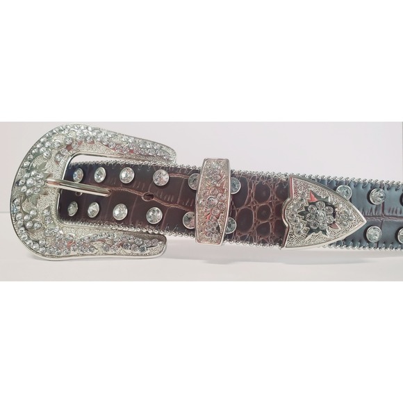 Western Leather S Belt Bling Concho Rhinestone Studs Pave Adjust Buckle - Picture 5 of 8